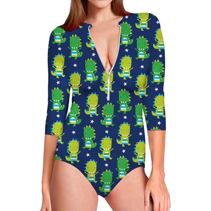 Cute Dino T-Rex Pattern Print Long Sleeve Swimsuit
