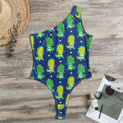 Cute Dino T-Rex Pattern Print One Shoulder Bodysuit