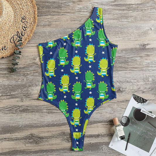 Cute Dino T-Rex Pattern Print One Shoulder Bodysuit