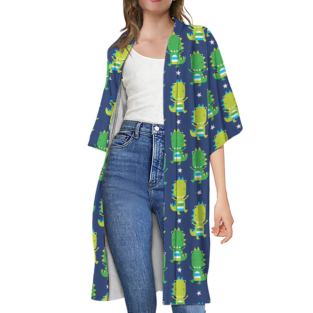 Cute Dino T-Rex Pattern Print Open Front Beach Cover Up