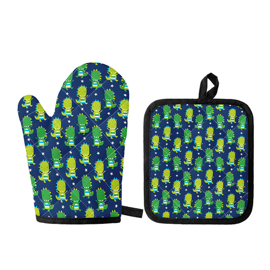 Cute Dino T-Rex Pattern Print Oven Mitt And Pot Holder Set