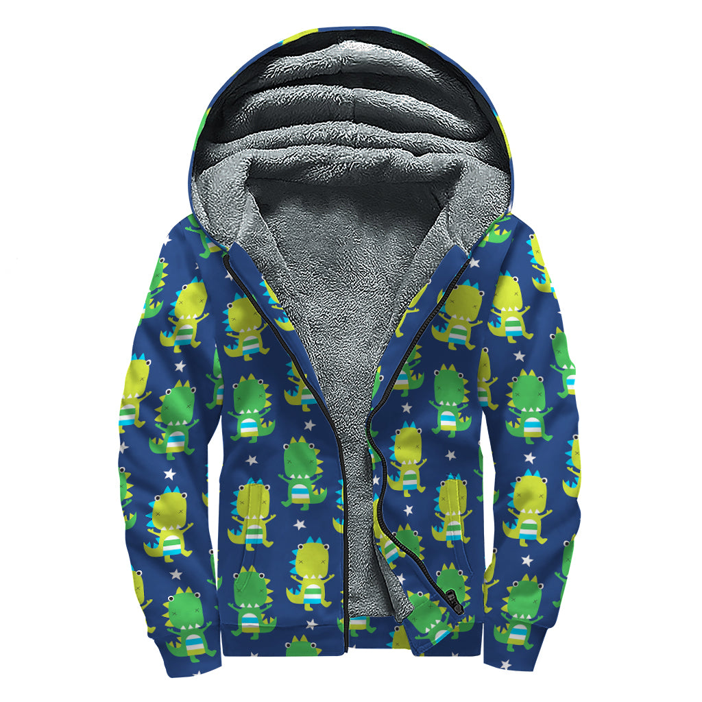 Cute Dino T-Rex Pattern Print Sherpa Lined Zip Up Hoodie