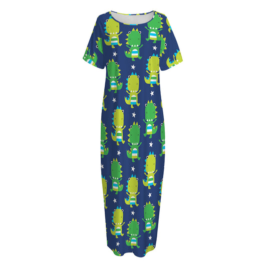 Cute Dino T-Rex Pattern Print Short Sleeve Long Nightdress
