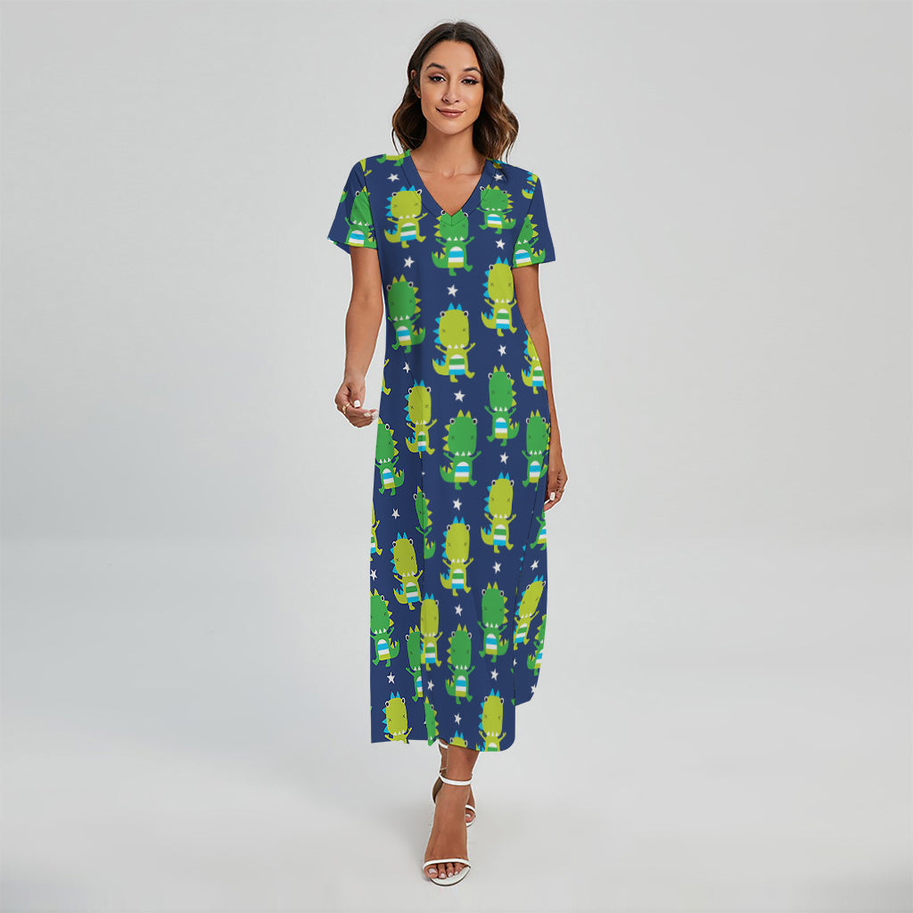 Cute Dino T-Rex Pattern Print Short Sleeve Maxi Dress