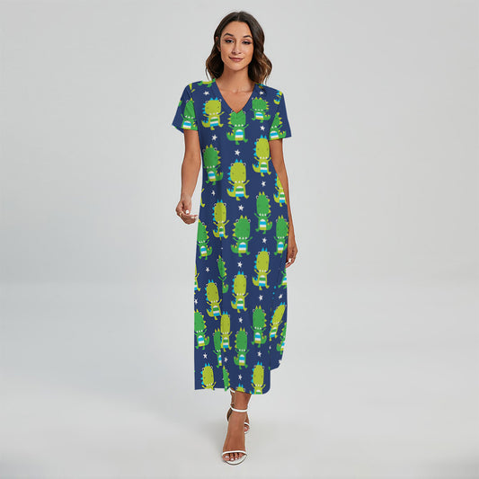 Cute Dino T-Rex Pattern Print Short Sleeve Maxi Dress