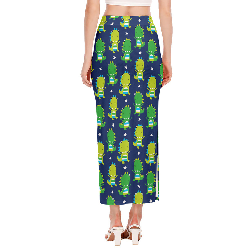 Cute Dino T-Rex Pattern Print Side Slit Maxi Skirt