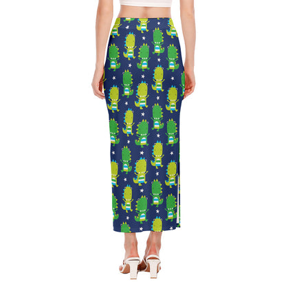 Cute Dino T-Rex Pattern Print Side Slit Maxi Skirt