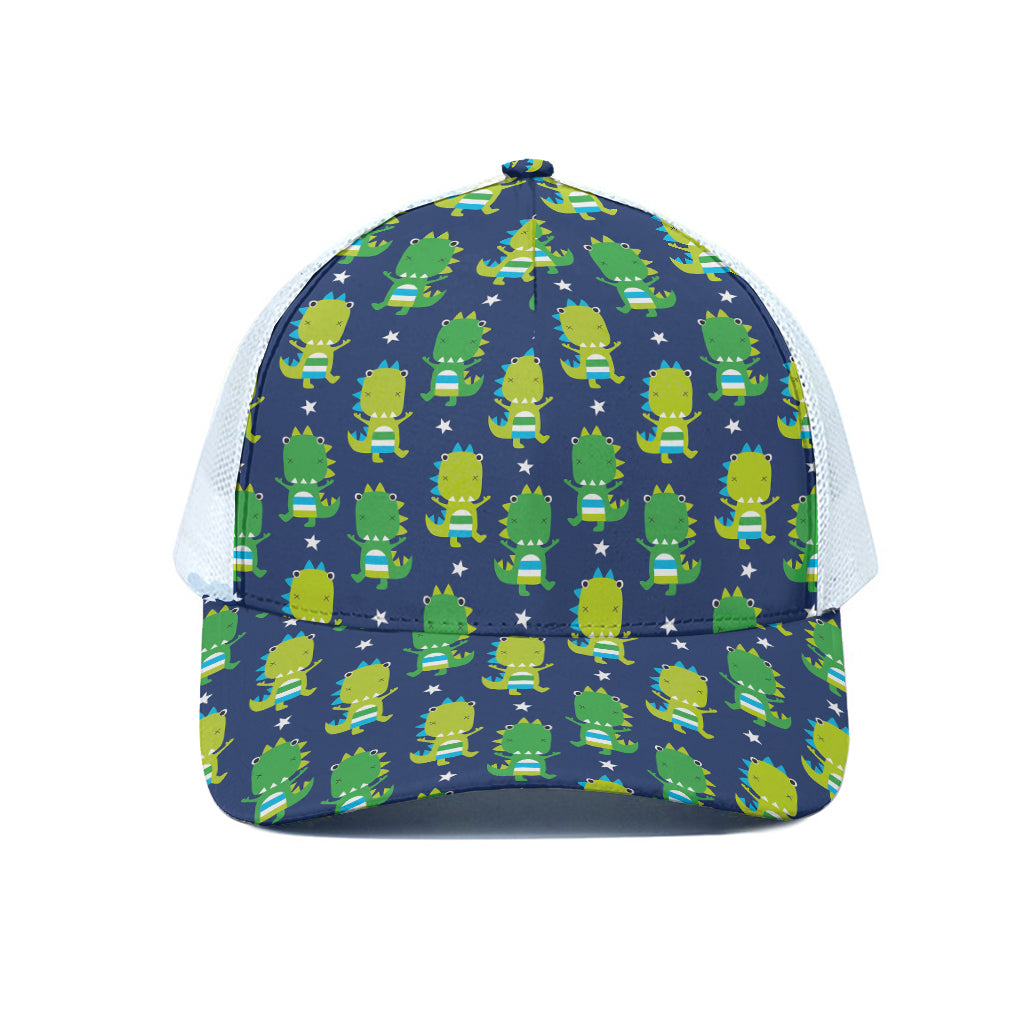 Cute Dino T-Rex Pattern Print White Mesh Trucker Cap