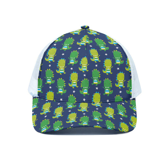 Cute Dino T-Rex Pattern Print White Mesh Trucker Cap