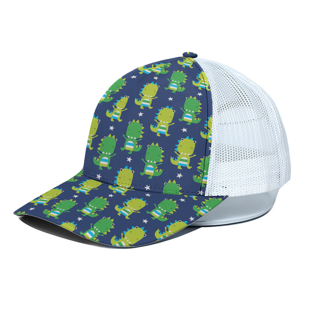 Cute Dino T-Rex Pattern Print White Mesh Trucker Cap