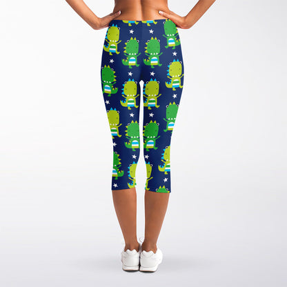 Cute Dino T-Rex Pattern Print Women's Capri Leggings