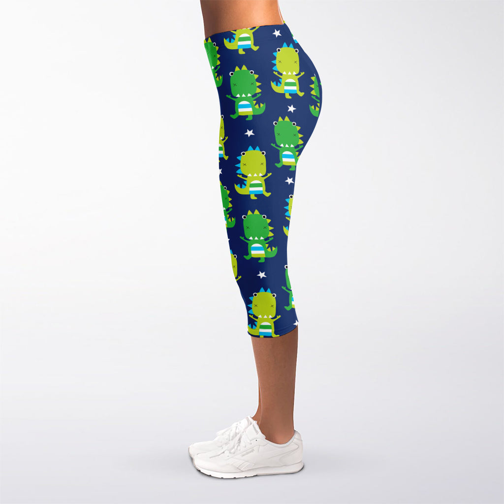 Cute Dino T-Rex Pattern Print Women's Capri Leggings