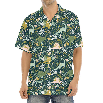 Cute Dino Tropical Leaves Pattern Print Aloha Shirt