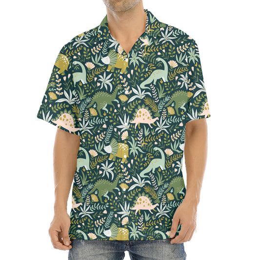 Cute Dino Tropical Leaves Pattern Print Aloha Shirt