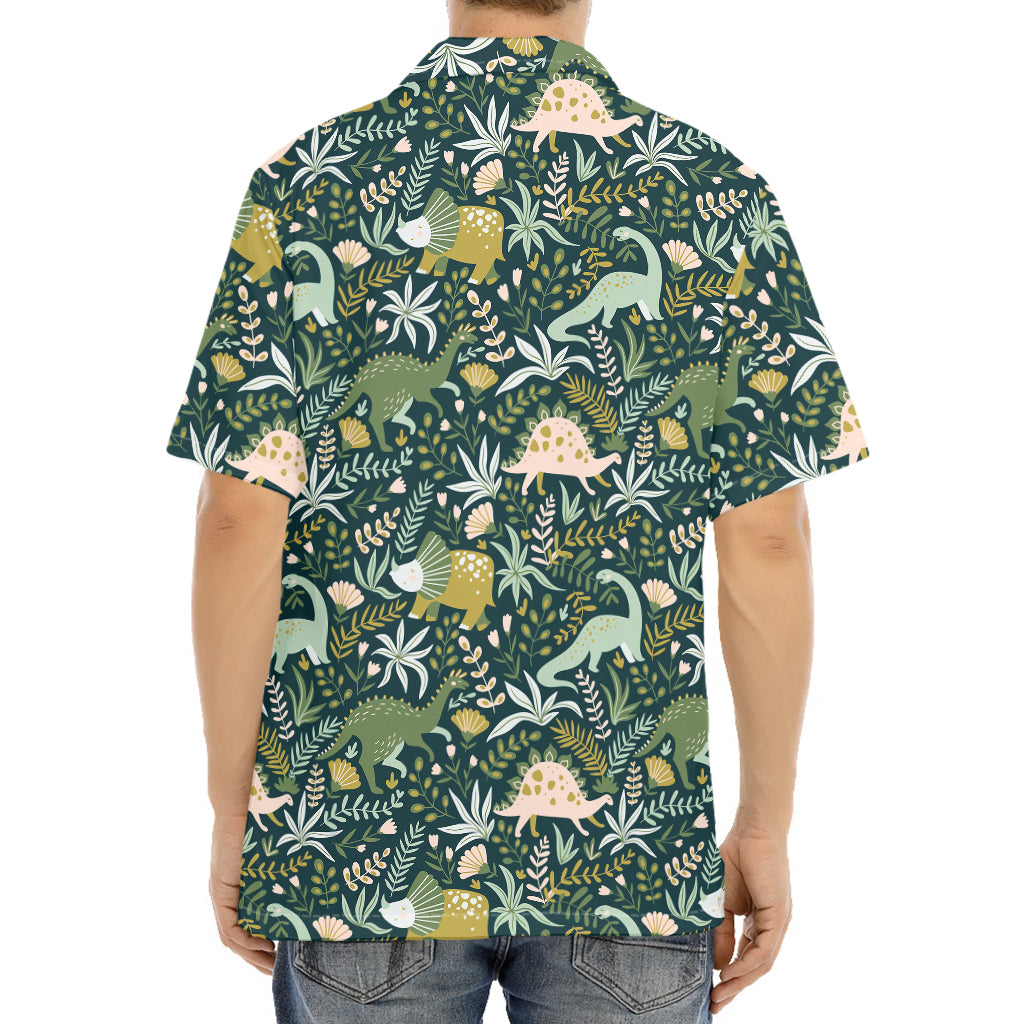 Cute Dino Tropical Leaves Pattern Print Aloha Shirt