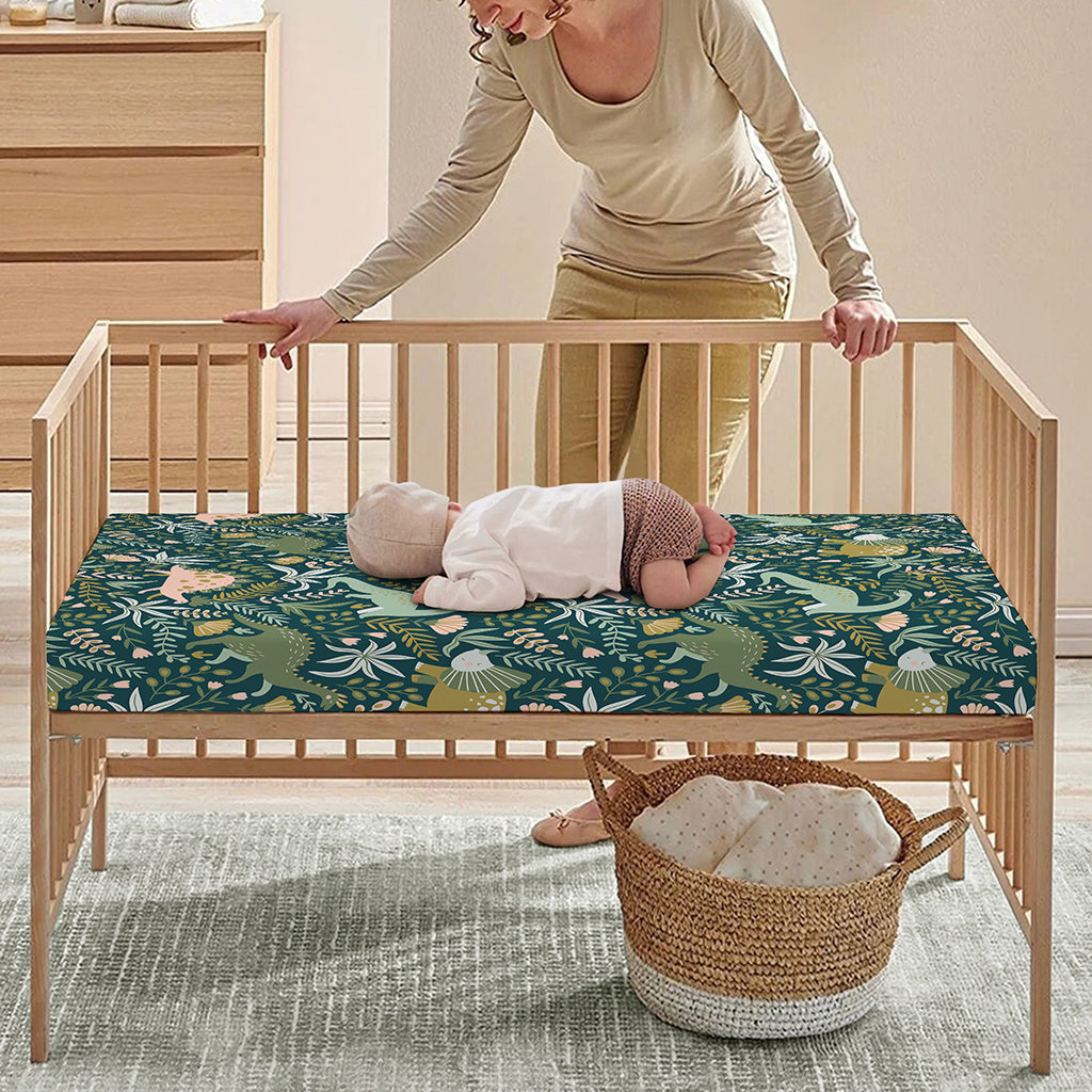 Cute Dino Tropical Leaves Pattern Print Baby Crib Sheet