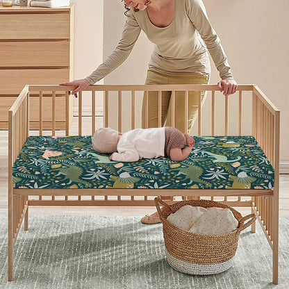 Cute Dino Tropical Leaves Pattern Print Baby Crib Sheet