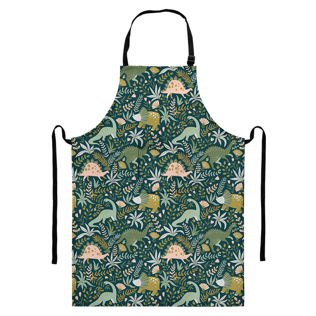 Cute Dino Tropical Leaves Pattern Print Bib Apron With Pocket