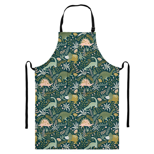Cute Dino Tropical Leaves Pattern Print Bib Apron With Pocket