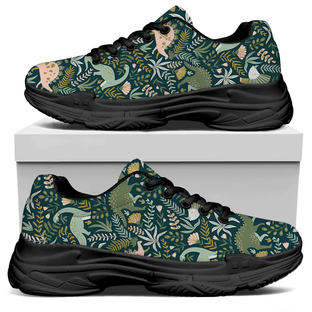 Cute Dino Tropical Leaves Pattern Print Black Chunky Shoes