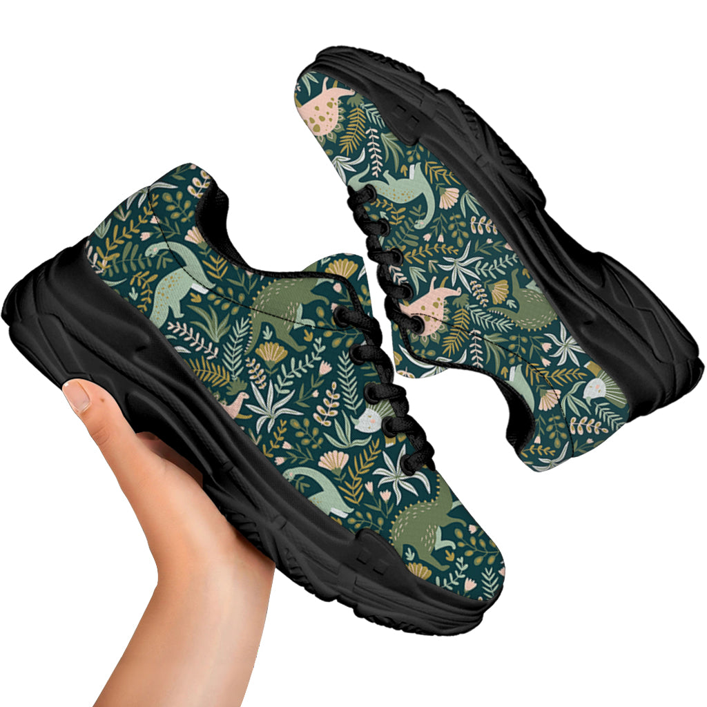 Cute Dino Tropical Leaves Pattern Print Black Chunky Shoes