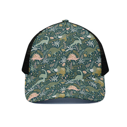Cute Dino Tropical Leaves Pattern Print Black Mesh Trucker Cap