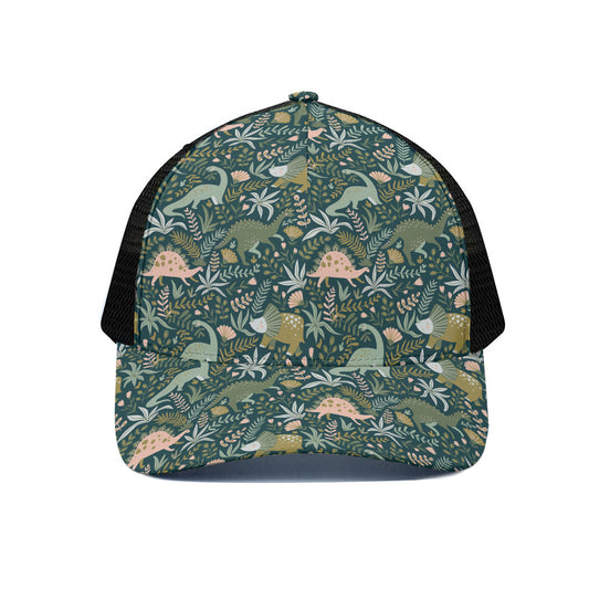 Cute Dino Tropical Leaves Pattern Print Black Mesh Trucker Cap