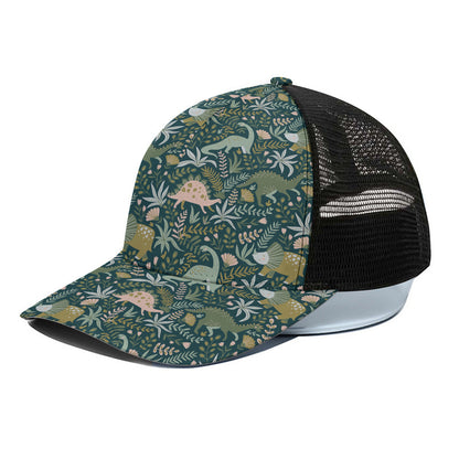Cute Dino Tropical Leaves Pattern Print Black Mesh Trucker Cap