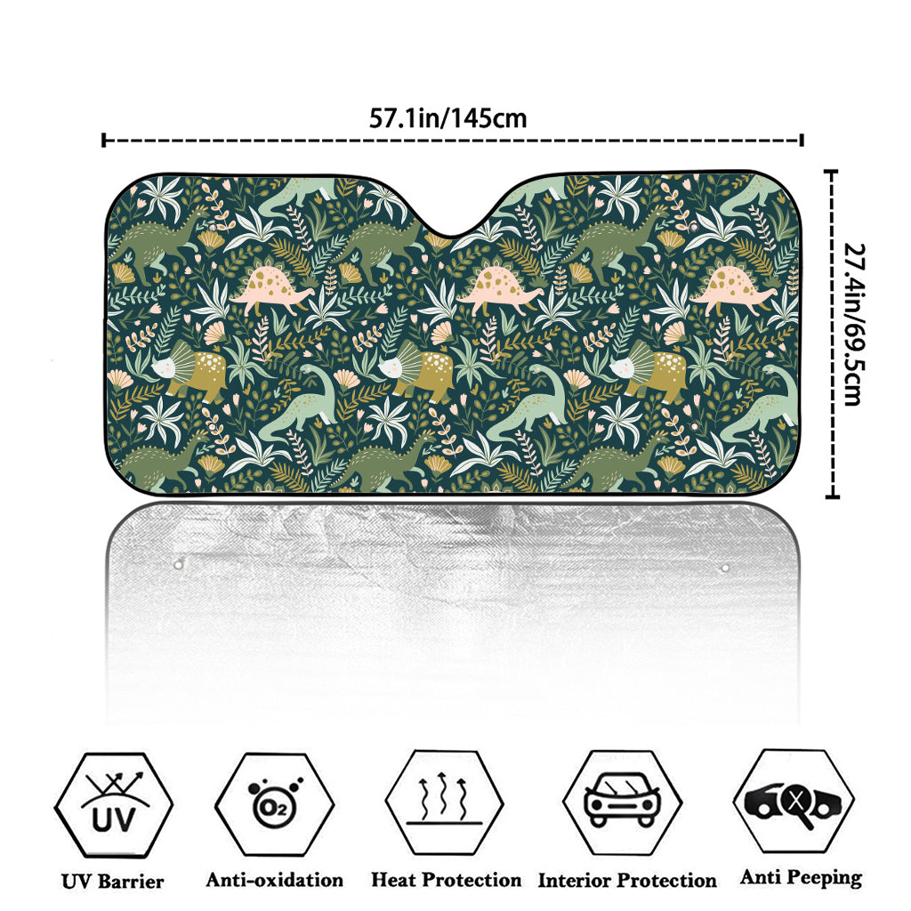Cute Dino Tropical Leaves Pattern Print Car Windshield Sun Shade