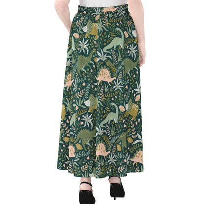 Cute Dino Tropical Leaves Pattern Print Chiffon Maxi Skirt