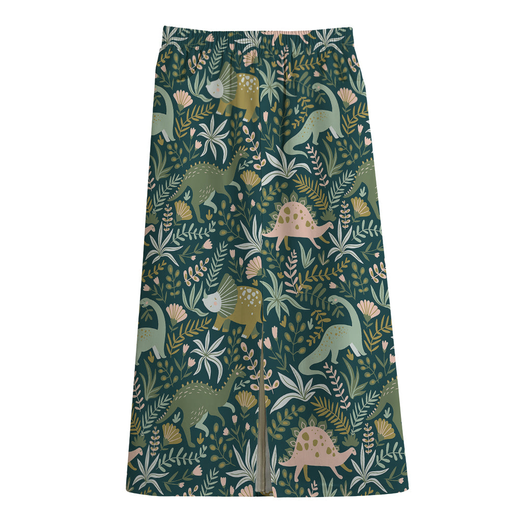 Cute Dino Tropical Leaves Pattern Print Cotton Front Slit Maxi Skirt