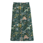 Cute Dino Tropical Leaves Pattern Print Cotton Front Slit Maxi Skirt