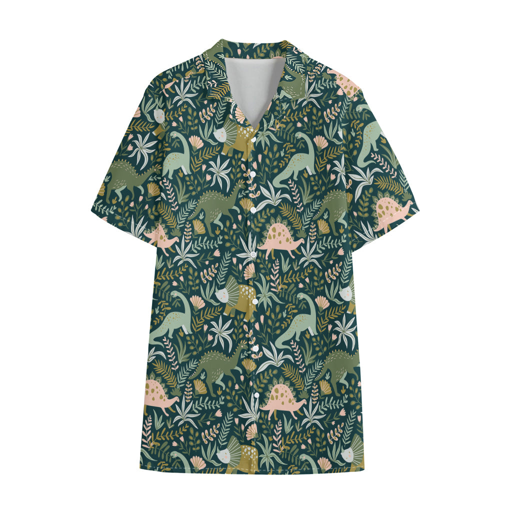 Cute Dino Tropical Leaves Pattern Print Cotton Hawaiian Shirt