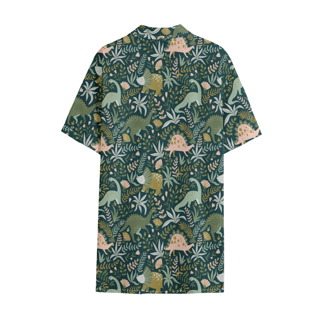 Cute Dino Tropical Leaves Pattern Print Cotton Hawaiian Shirt