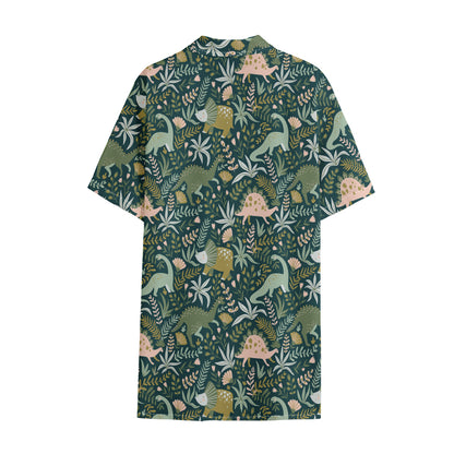 Cute Dino Tropical Leaves Pattern Print Cotton Hawaiian Shirt