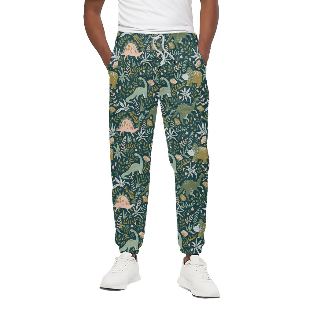 Cute Dino Tropical Leaves Pattern Print Cotton Pants