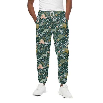 Cute Dino Tropical Leaves Pattern Print Cotton Pants