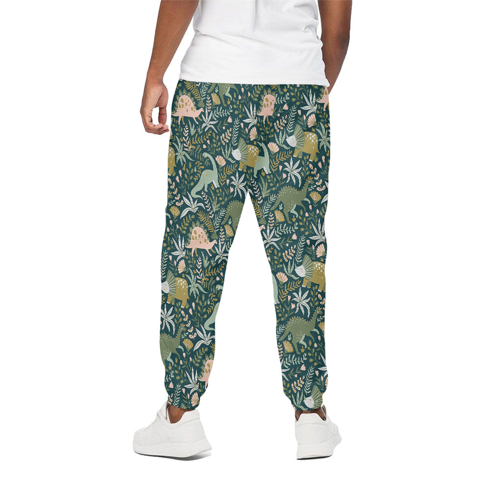 Cute Dino Tropical Leaves Pattern Print Cotton Pants