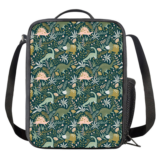 Cute Dino Tropical Leaves Pattern Print Crossbody Lunch Bag