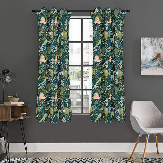 Cute Dino Tropical Leaves Pattern Print Curtain