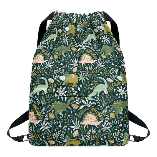 Cute Dino Tropical Leaves Pattern Print Drawstring Backpack