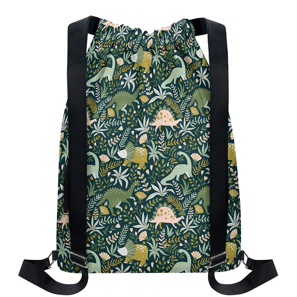 Cute Dino Tropical Leaves Pattern Print Drawstring Backpack
