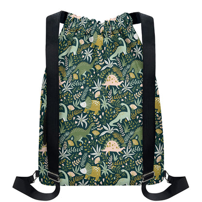 Cute Dino Tropical Leaves Pattern Print Drawstring Backpack