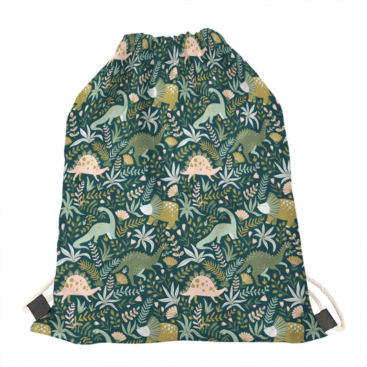 Cute Dino Tropical Leaves Pattern Print Drawstring Bag