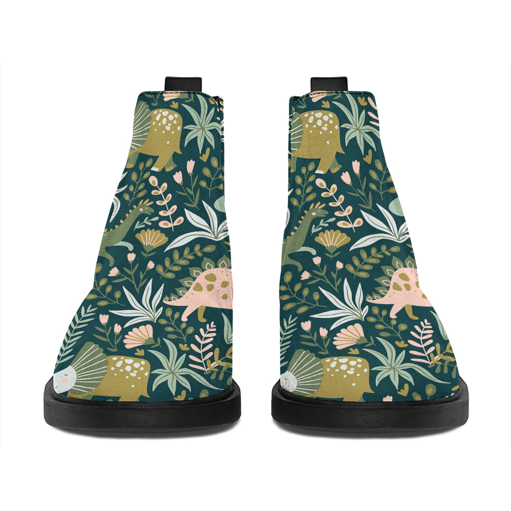 Cute Dino Tropical Leaves Pattern Print Flat Ankle Boots