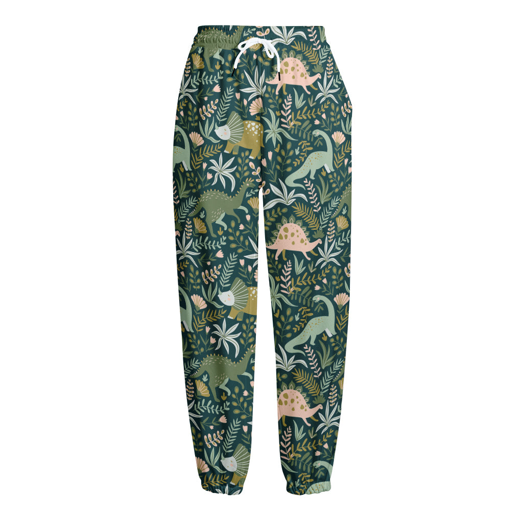 Cute Dino Tropical Leaves Pattern Print Fleece Lined Knit Pants