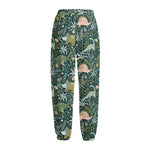Cute Dino Tropical Leaves Pattern Print Fleece Lined Knit Pants