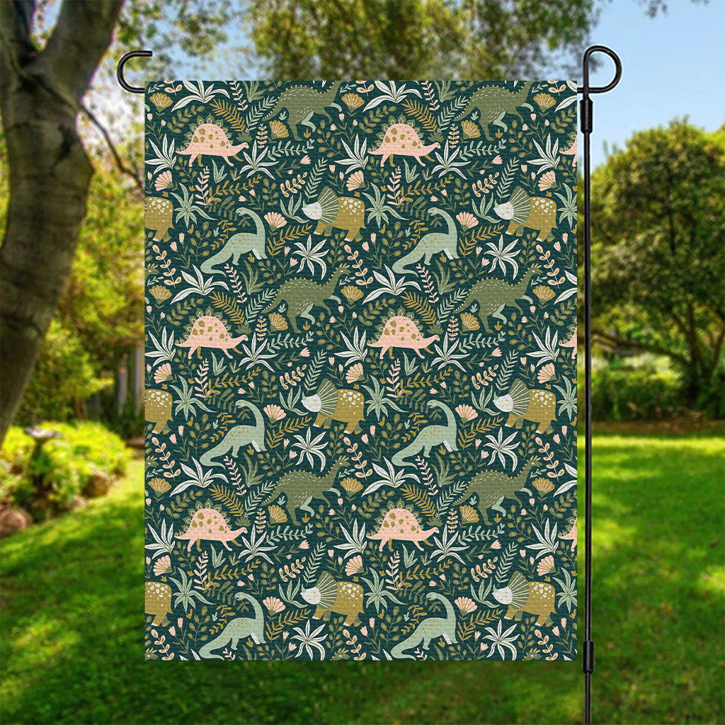 Cute Dino Tropical Leaves Pattern Print Garden Flag
