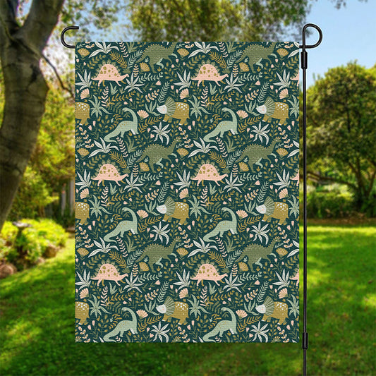 Cute Dino Tropical Leaves Pattern Print Garden Flag