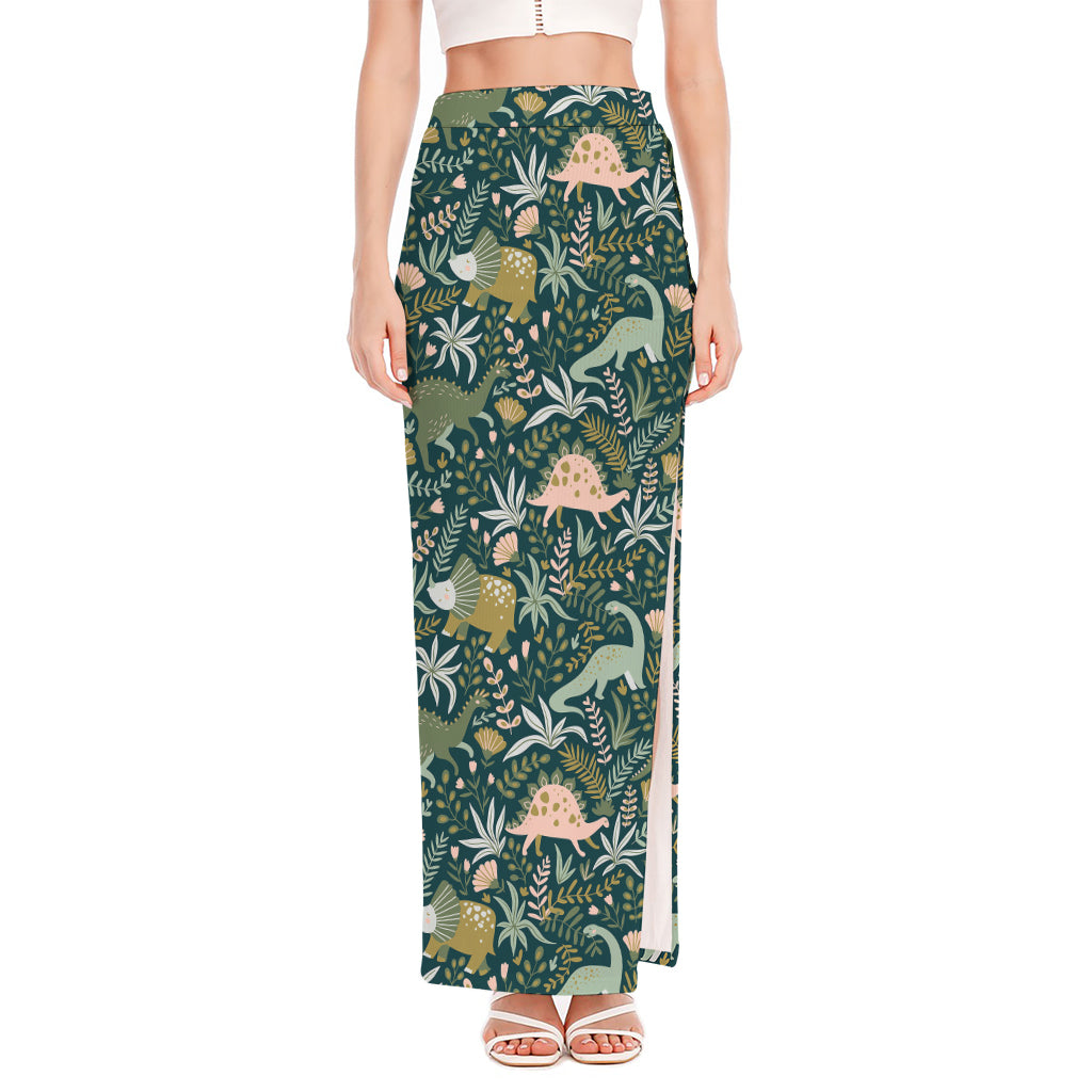 Cute Dino Tropical Leaves Pattern Print High Slit Maxi Skirt